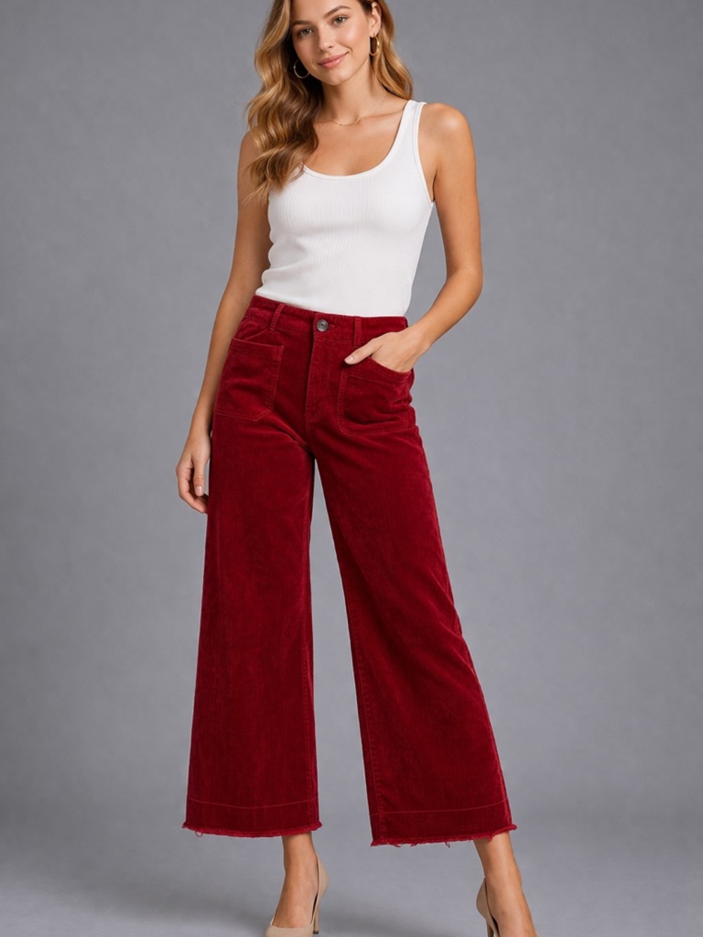 Maeve Wide Leg Corduroy Pants in Deep Red